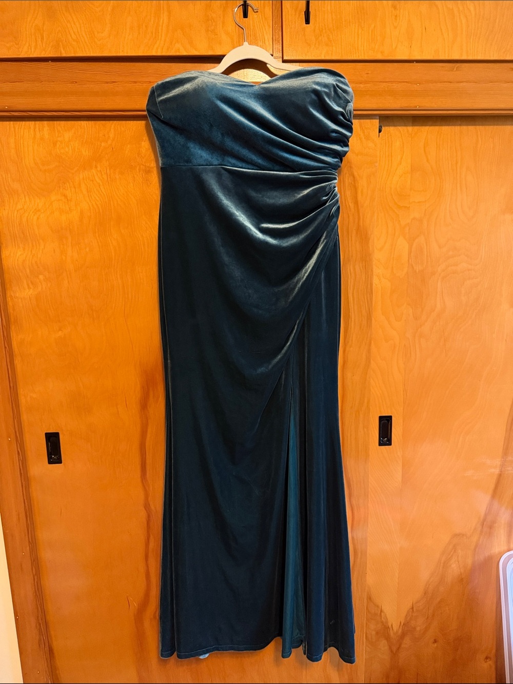 Revelry Strapless Deep Teal Velvet Evening Gown